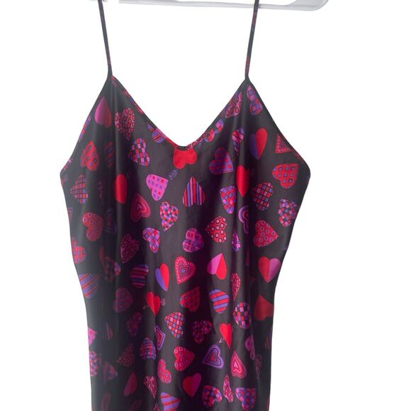 Private Luxuries Plus Size 1X Black Red Hearts Love Satin Slip Dress Night Gown - Picture 2 of 9
